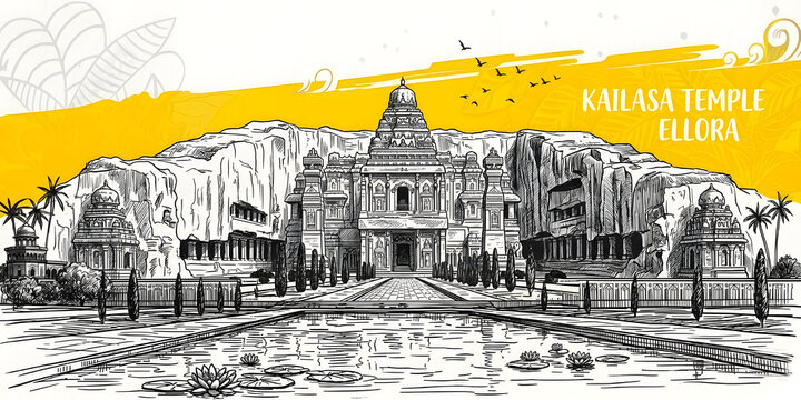Artistic Kailasa Temple Ellora Wall Art: Hand-Drawn Line Illustration of the UNESCO Landmark with Vibrant Yellow Watercolor Accents, Floral Details, and Elegant Architectural Sketch for Graphic Decor.