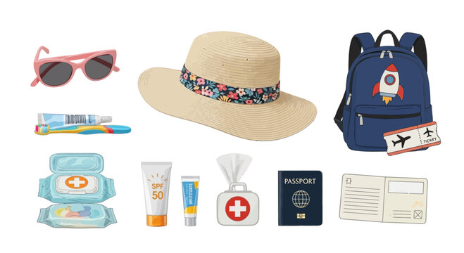 Travel essentials, vacation accessories, summer getaway items, beach trip must-haves