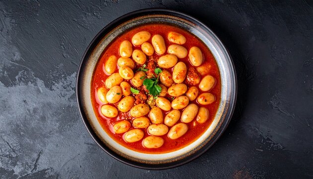 Tasty baked beans. Traditional delicious Turkish food. White kidney bean stew (Barbunya pilaki). British. Egyptian food. Dried white beans with tomato paste on dark background. Chili Beans. Top view