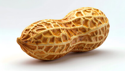 Fototapeta premium A detailed close-up showcases the intricate texture and unique shape of a single roasted peanut against a clean white background.