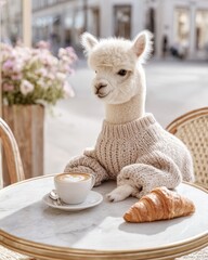 Fototapeta premium White alpaca in knitted sweater sitting at outdoor cafe table with latte art and croissant