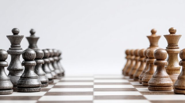Wooden chess pieces lined up on board facing each other with copy space for strategy concept
