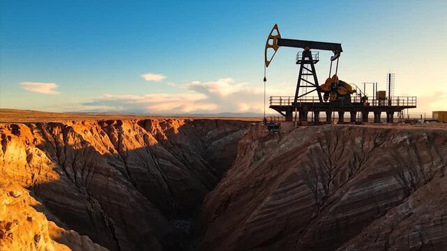 Oil pump jack on a cliffside at sunset, drilling rig in a desert landscape