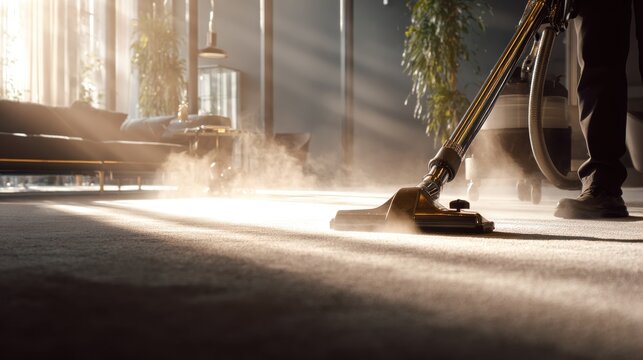 Professional carpet cleaning with vacuum cleaner in sunlit modern living room. Sunbeams illuminate dust particles disturbed by powerful vacuum cleaner during deep carpet cleaning session in home