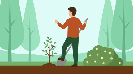 Man planting a young tree with a shovel in a green park, environmental care © Artify