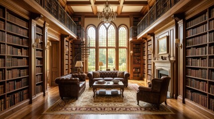 Naklejka premium Luxurious library with floor-to-ceiling bookshelves and elegant leather seating
