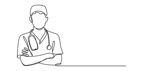 A single continuous line drawing of a male doctor wearing a stethoscope and scrubs looking ahead Vector, illustration © Pabon Art Gallery