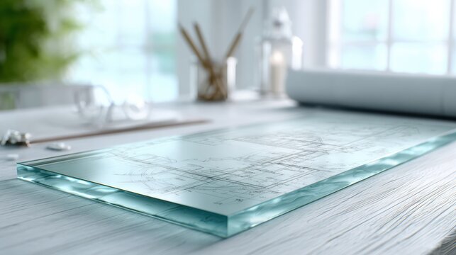 Architectural blueprint on glass sheet mockup on bright desk with soft daylight and shallow focus