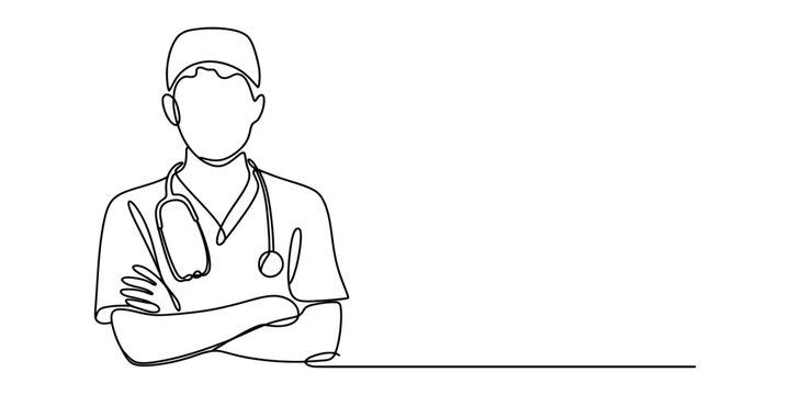 A single continuous line drawing of a male doctor wearing a stethoscope and scrubs looking ahead Vector, illustration