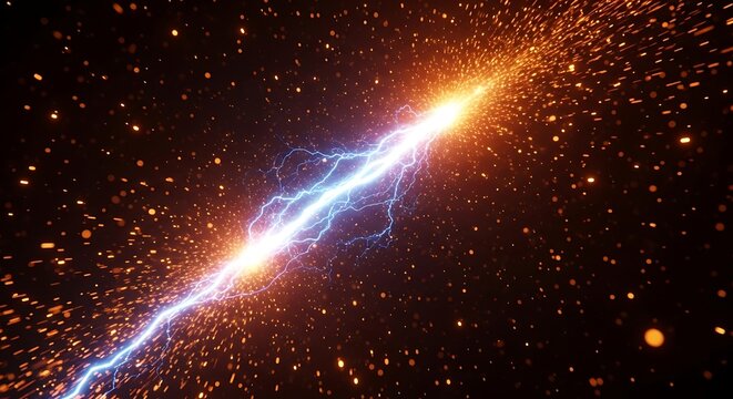 Electric blue and orange lightning bolt with sparks on dark background