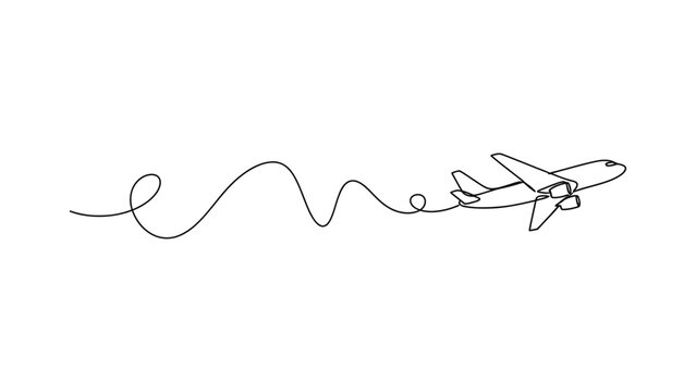 Continuous single line drawing of an airplane flying with a wavy flight path.
