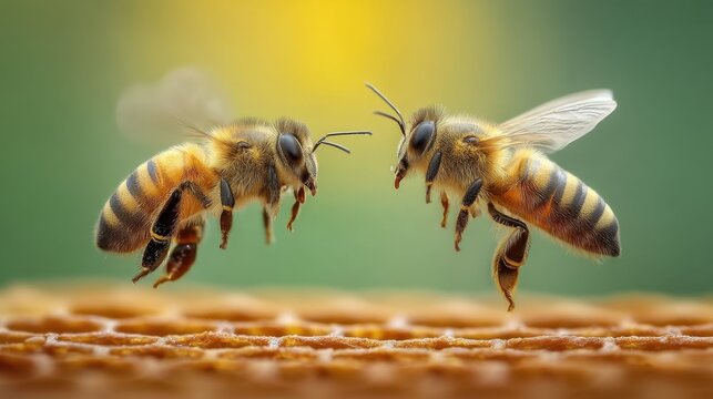 Two Honey Bees Captured in Intimate Moment Over Honeycomb in Colorful Nature Background