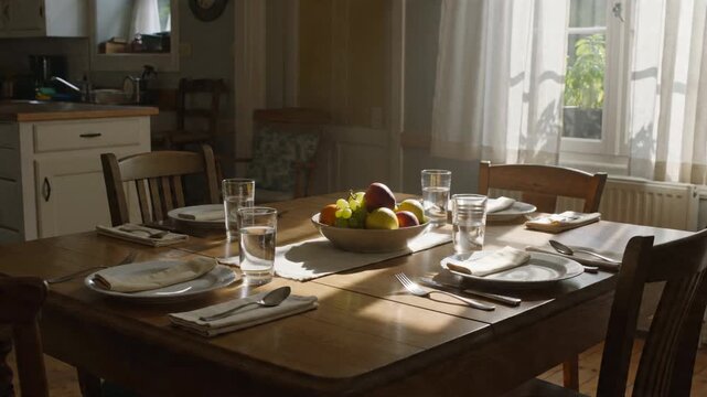 Invitingly Set Dining Table in a Cozy Home, Bathed in Warm Sunlight, Ready for a Family Meal or