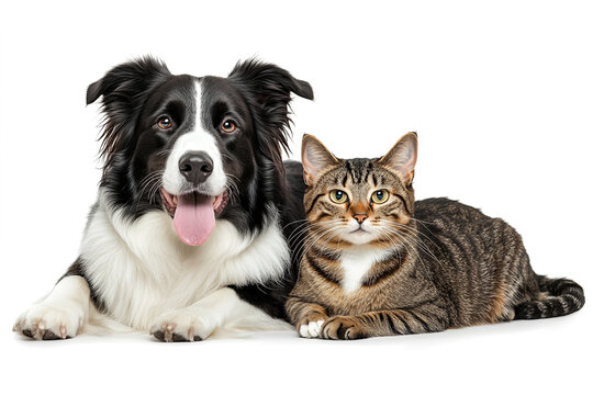  portrait of a border collie dog and a tabby cat on a transparent  background. 