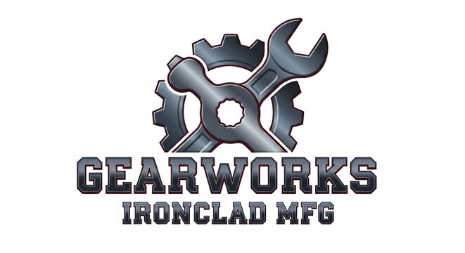 Industrial Gearworks Ironclad MFG logo design, metallic mechanical gear and wrench icon, heavy duty manufacturing and repair shop emblem