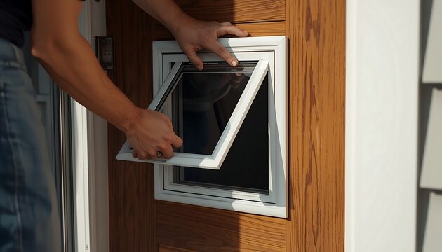 A man's hands are installing a white framed pet door into a wooden door.