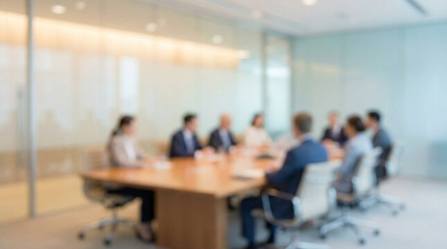 Blurred corporate board meeting in modern glass conference room with business professionals, ideal for background use, teamwork concept, corporate environment, leadership, and business strategy.