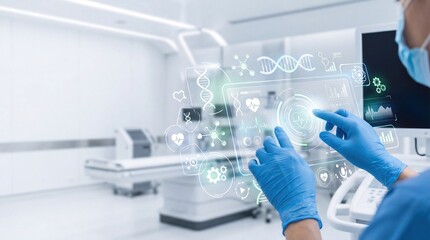 Fototapeta premium Future healthcare technology doctor analyzing patient data holographic interface with dna strands and heart monitor medical equipment laboratory research facility digital medicine