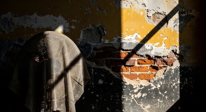 Sunlight pierces through a window, casting sharp shadows on the crumbling walls and a mysteriously draped object within a desolate, abandoned room