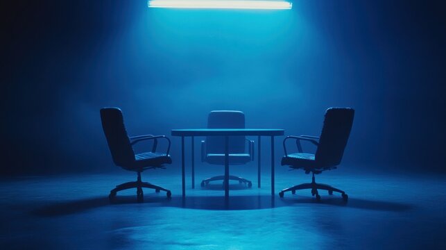 Empty meeting room, dark blue glow