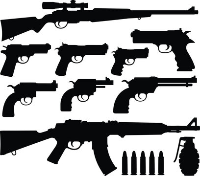 Flat vector firearm silhouettes, rifles, pistols, revolvers, bullets, grenade illustration