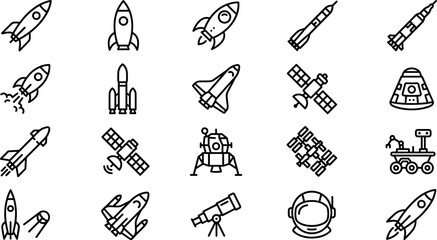 space exploration line icons set with rocket satellite shuttle rover astronaut telescope station capsule and spacecraft vector collection isolated on transparent background © Yehor