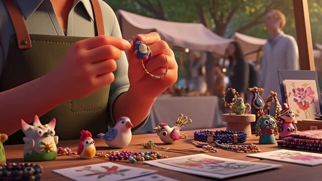 Vendor crafts jewelry at an outdoor market, showcasing handmade birds and clay figures