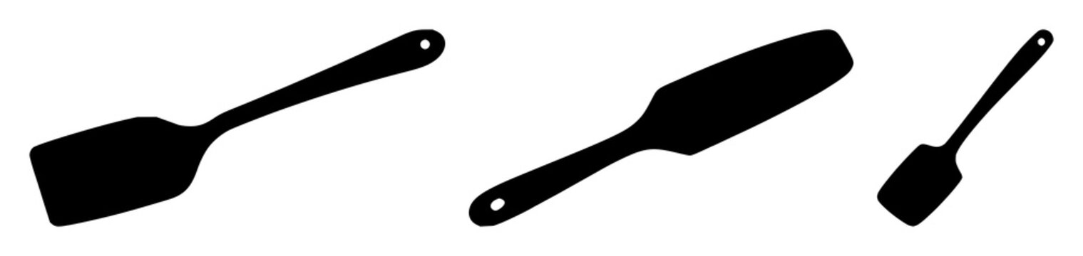 Black silhouette, white background: spatula set with simple line art design featuring outline, illustration, graphic elements with clean design and vector art