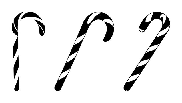 Candy cane set with black silhouette against clean white background featuring holiday, Christmas, festive iconography with silhouette and vector illustration