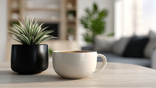 Close-up of coffee cup beside a potted plant on a wooden table, blurry living room background
