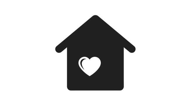 Simple Black House Icon with White Heart Symbol.