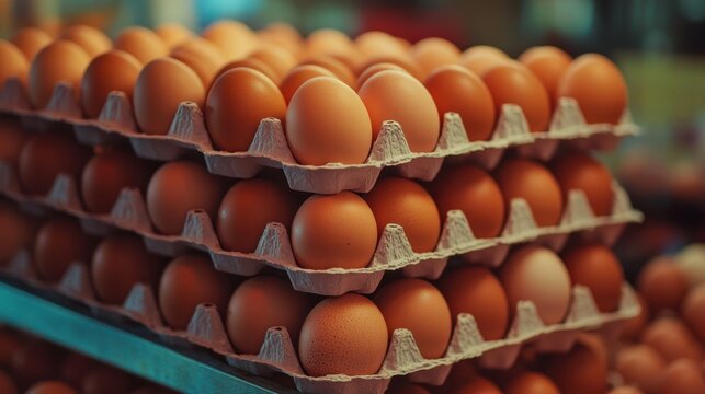 Brown eggs stacked in cardboard cartons