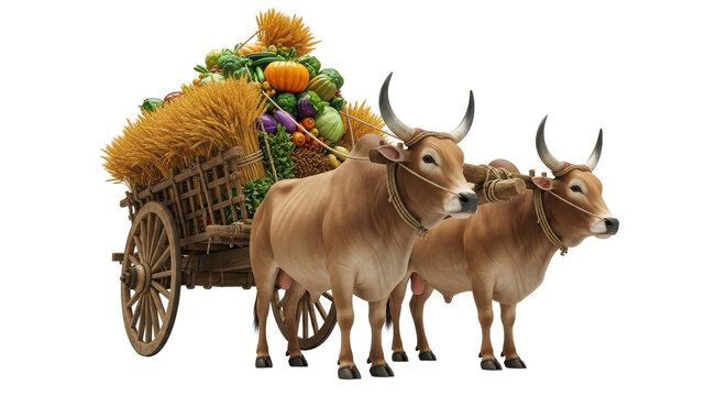 Traditional wooden bullock cart with two oxen, rustic farm wagon loaded with fresh harvest vegetables and hay, rural agricultural transport isolated PNG with Transparent Background