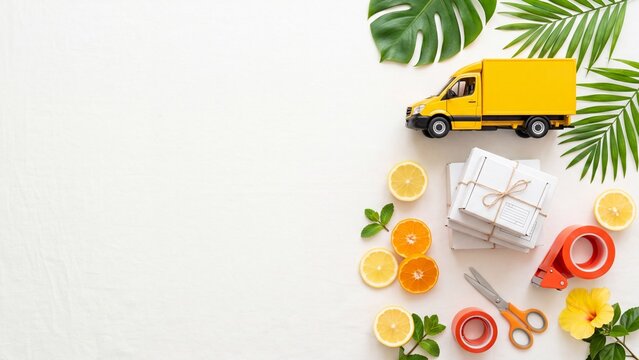 Flat lay of yellow delivery truck model with stacked white packages red tape scissors fresh lemon orange slices mint. Tropical summer shipping logistics concept for e commerce and online shopping