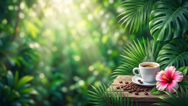 Cup of steaming hot coffee on wooden table with pink hibiscus flower and scattered beans. Morning refreshment and exotic nature relaxation concept