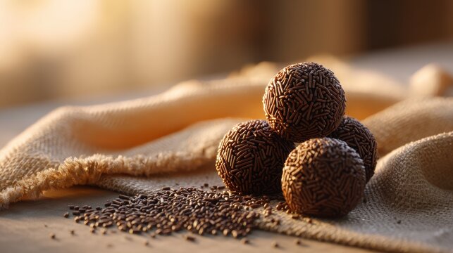Delicious chocolate brigadeiros covered in sprinkles, traditional Brazilian sweet treat. Homemade brigadeiros, popular Brazilian dessert, artfully arranged on burlap with scattered chocolate sprinkles