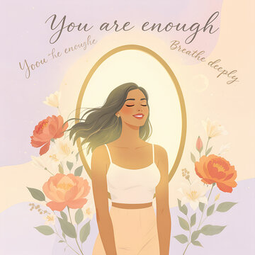 Woman with a serene expression in a floral design background promoting self-affirmation