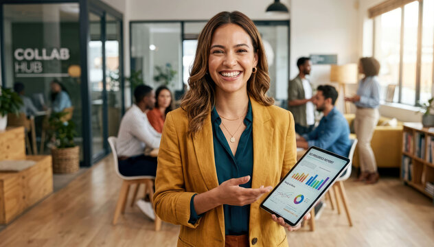 Smiling businesswoman presenting tablet with business charts in a collaborative coworking office.
