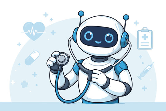Cute AI Robot Doctor Using a Medical Stethoscope for Patient Diagnosis, Flat Vector Illustration of Artificial Intelligence in Healthcare, Digital Health Assistant and Smart Medical Technology