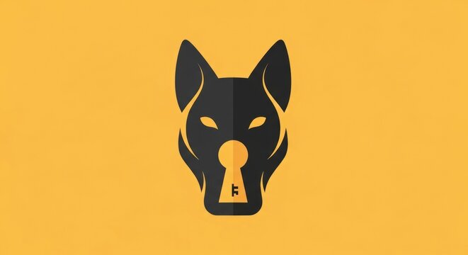 Black wolf head silhouette with keyhole on yellow background