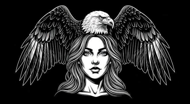 Bald eagle perched on woman's head with spread wings
