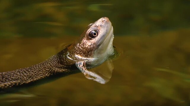 Close up of the head of a snake neck turtle swimming on the water surface