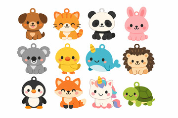 Fototapeta premium Cute Animal Charm Set Featuring Various Kawaii Characters for Crafts and Jewelry Design. Includes Dog, Cat, Panda, Bunny, Koala, Chick, Narwhal, Hedgehog, Penguin, Fox, Unicorn, and Turtle Vector