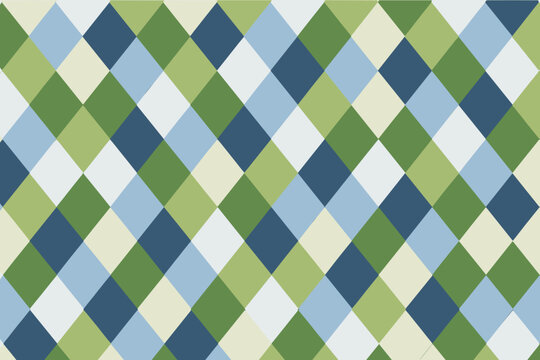 Minimalist Rhombus Harlequin Argyle Pattern in Green and Blue Shades. Geometric Square Tile Trellis Banner Background. Simple Flat Vector Illustration for Textile, Wallpaper, Fabric, and Decor.