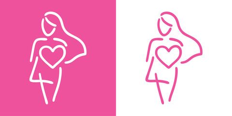 Logotipo con dibujo minimalista con una única línea de mujer de pie con gran corazón, para tarjetas y felicitaciones de San Valentín © teracreonte