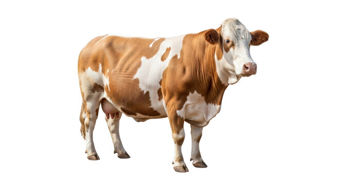 Simmental dairy cow with brown and white spots, standing farm cattle, domestic livestock animal for agriculture and milk production isolated PNG with Transparent Background