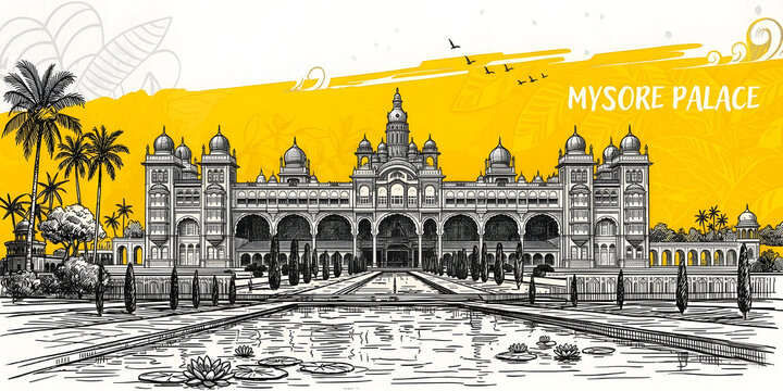 Artistic Mysore Palace Wall Art: Hand-Drawn Line Illustration of the Karnataka Landmark with Vibrant Yellow Watercolor Accents, and Elegant Architectural Sketch for Graphic Decor