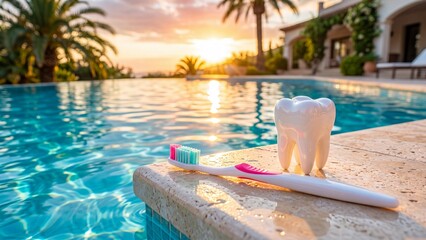 Obraz premium Toothbrush and white tooth model placed on infinity pool edge at tropical sunset. Fresh smile concept for holiday relaxation and wellness