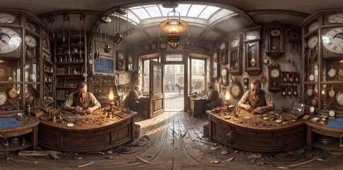 Obraz premium 360 Panorama of Vintage Watchmaker Workshop in Madrid Sol, Traditional Clock Shop. Immersive 360-degree equirectangular panorama of a historical watchmaking workshop in Madrid. Features master watchm 