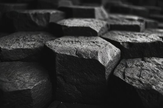 Close-up of hexagonal rock formations. Textured and monochromatic for a dramatic effect